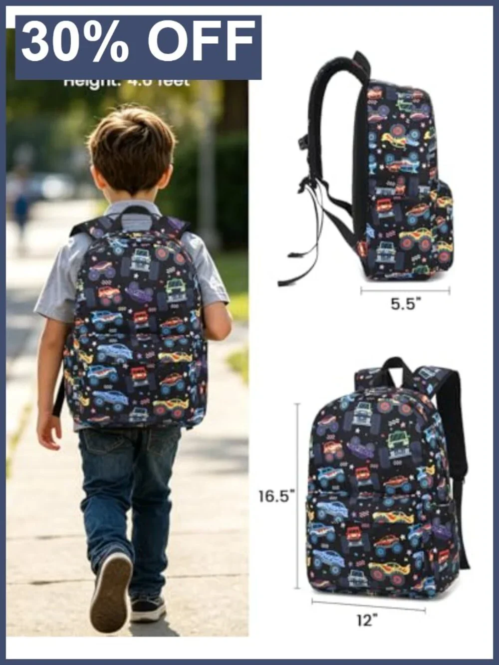 Kids Backpack Boys Preschool Toddler Kindergarten School Bookbag Monster Truck